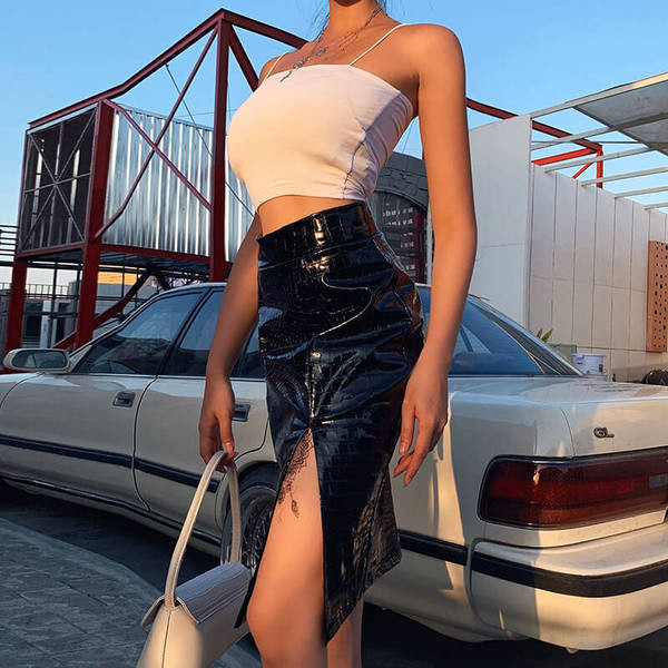 Moodne naiste krokodillinahka imiteeriv kõrge vöökoha ja musta lõhikuga seelik