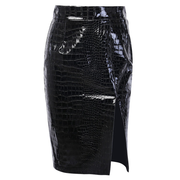 Moodne naiste krokodillinahka imiteeriv kõrge vöökoha ja musta lõhikuga seelik
