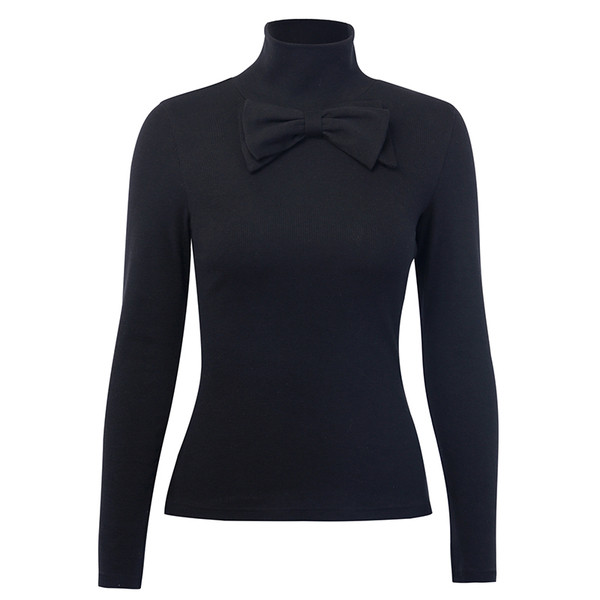 Νέο μοντέλο γυναικεία μαύρη μπλούζα με ψηλό γιακά, μακρύ μανίκι και κορδέλα