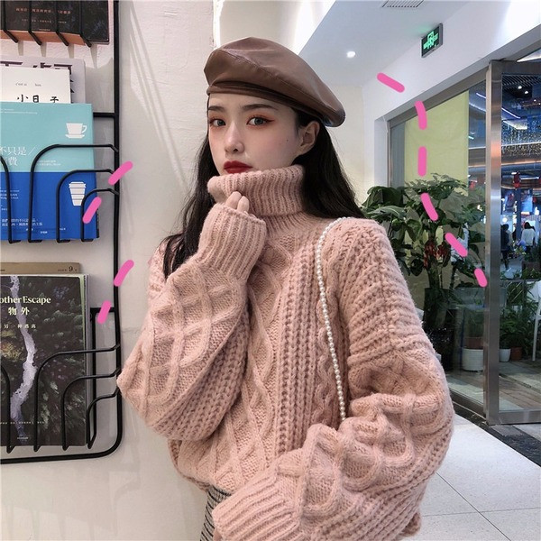 Ζεστό ροζ πουλόβερ με κολάρο 