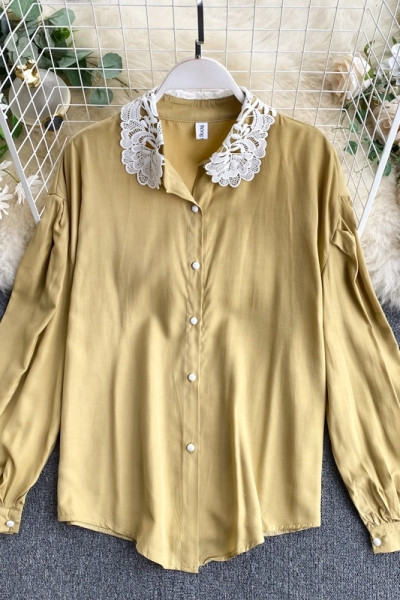 Μοντέρνο γυναικείο πουκάμισο με κουμπιά και δαντέλα σε τέσσερα χρώματα