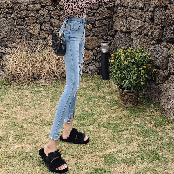 Λεπτά μακρύ τζιν με σχισμένα μοτίβα και κορδόνια