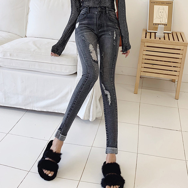 Ελαστικά παντελόνια denim Λεπτό μοτίβο με σχισμένα μοτίβα και υψηλή μέση