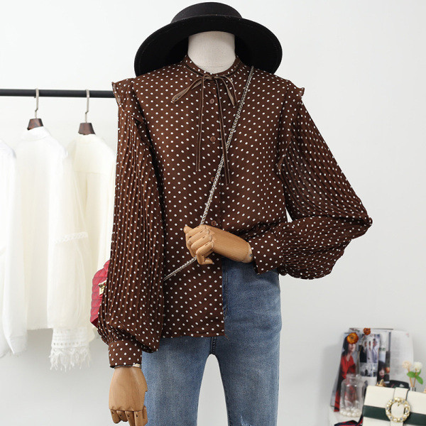 Stiilne naiste särk ovaalse kaelusega ja plisseeritud täpiliste varrukatega