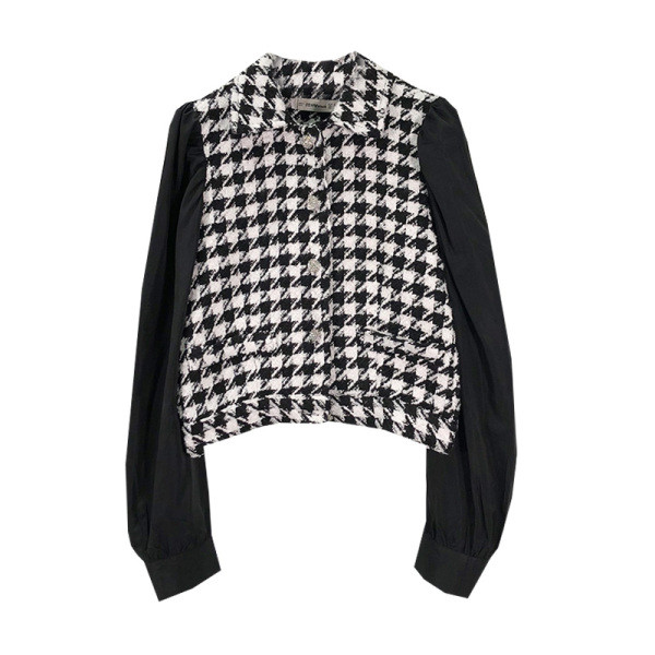 Lühike klassikalise krae ja pikkade varrukatega tviidjakk