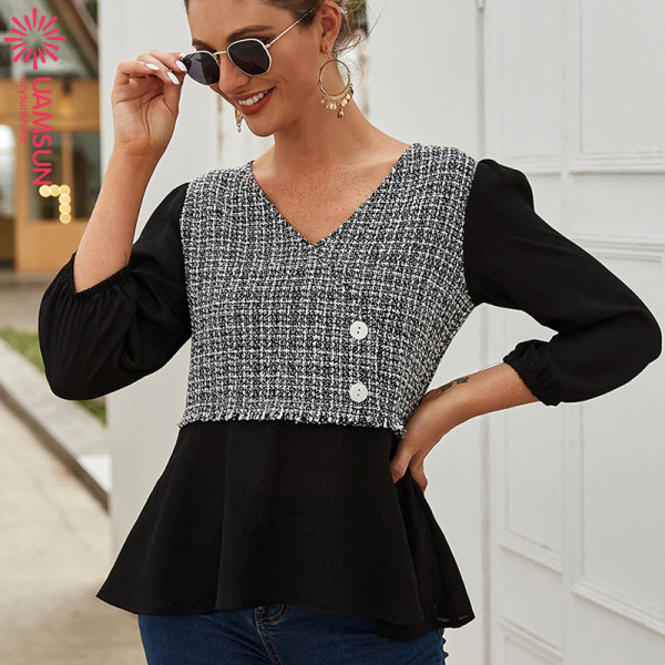 Καθημερινή γυναικεία μπλούζα με μακριά μανίκια και βαθύ λαιμόκοψη