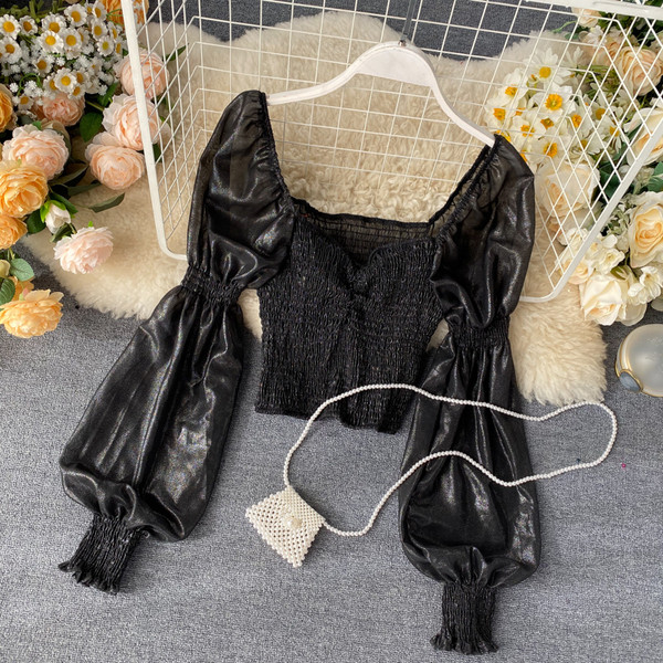 Γυναικεία μπλούζα ρετρό στυλ με φαρδιά μανίκια και τετράγωνο ντεκολτέ