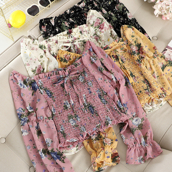 Floral γυναικεία μπλούζα με μανίκια και κορδόνια