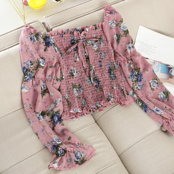 Floral γυναικεία μπλούζα με μανίκια και κορδόνια