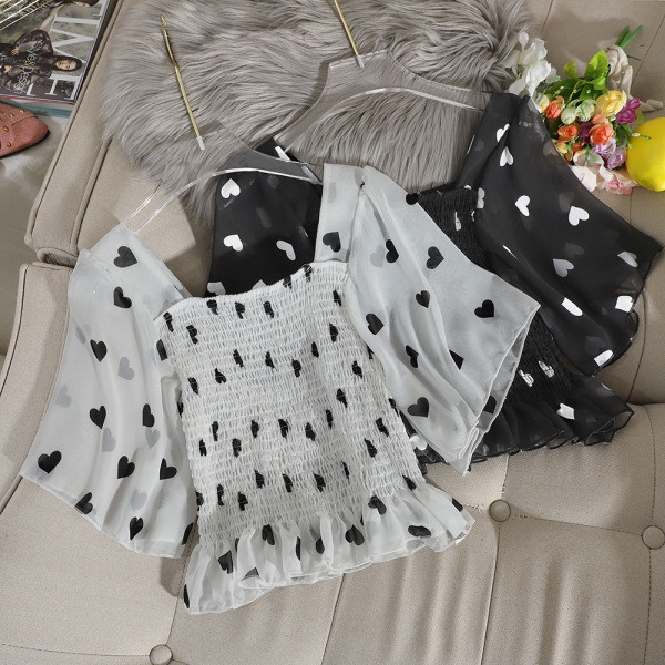 Μοντέρνα γυναικεία μπλούζα σιφόν με εκτύπωση καρδιάς