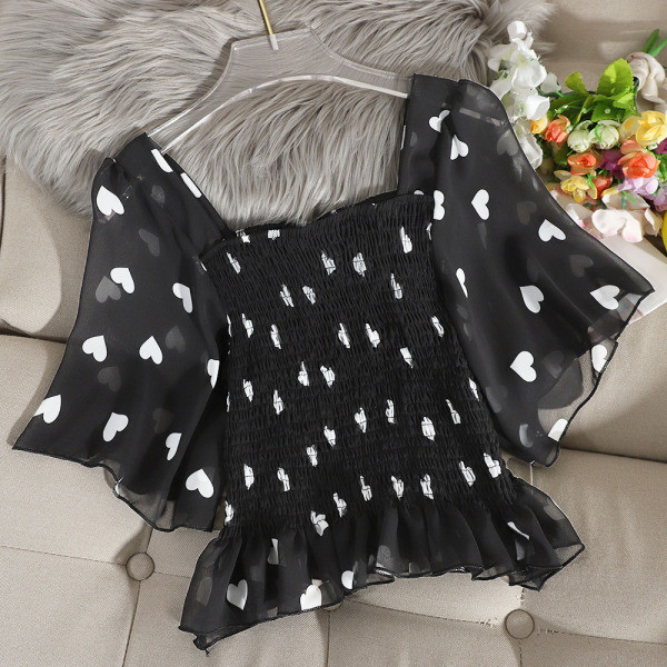 Μοντέρνα γυναικεία μπλούζα σιφόν με εκτύπωση καρδιάς