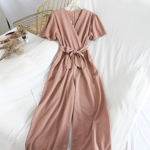 Γυναικείο V-neck λαιμόκοψη, κοντό μανίκι και ζώνη μέσης σε διάφορα χρώματα