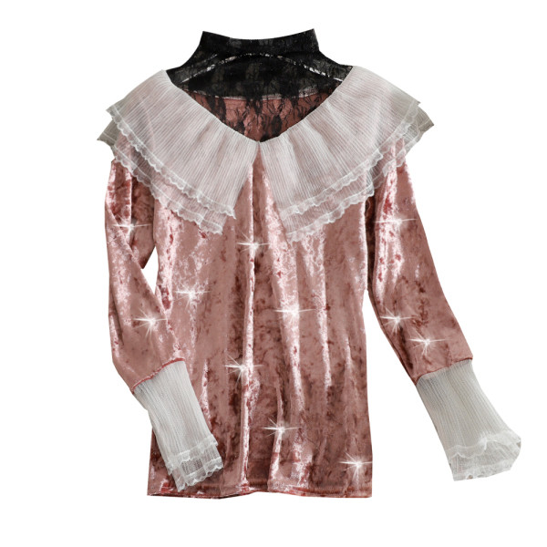 Γυναικεία  βελούδινη μπλούζα με δαντελωτά μανίκια και λαιμόκοψη