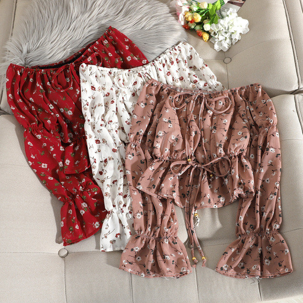 Floral γυναικεία μπλούζα με πτώση ώμους και τους δεσμούς