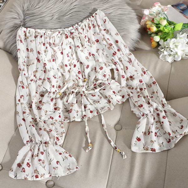 Floral γυναικεία μπλούζα με πτώση ώμους και τους δεσμούς