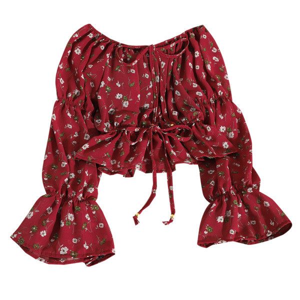 Floral γυναικεία μπλούζα με πτώση ώμους και τους δεσμούς