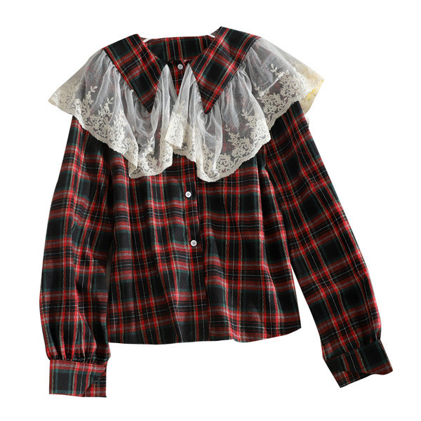 Ruuduline naiste särk klassikalise krae ja pitsiga