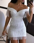 White women`s short dress with dropped sleeves and fringe