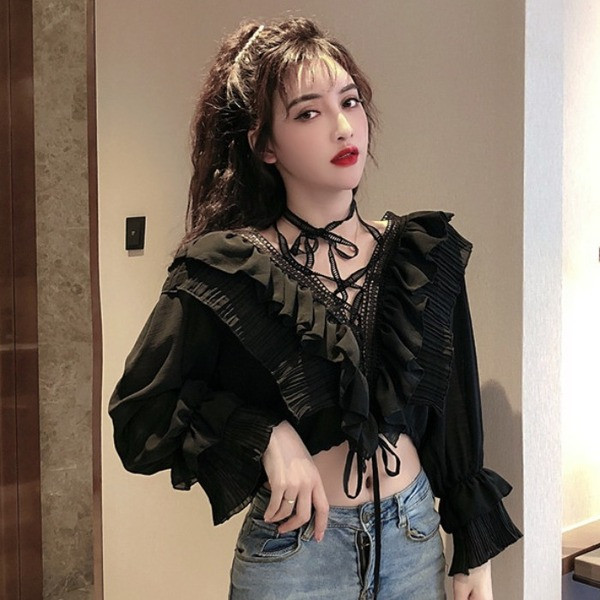 Γυναικείο πουκάμισο σιφόν με V ντεκολτέ και κορόνια