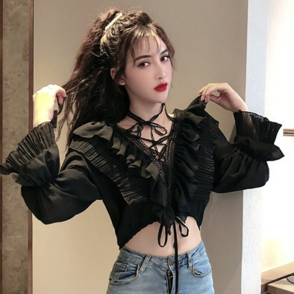 Γυναικείο πουκάμισο σιφόν με V ντεκολτέ και κορόνια