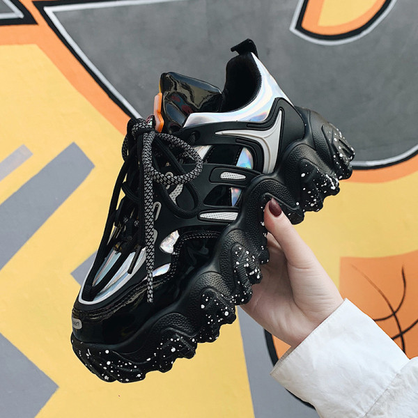 Κορυφαία γυναικεία αθλητικά έκο δερμάτινα  παπούτσια με πλατφόρμα και κορδόνια σε δύο χρώματα