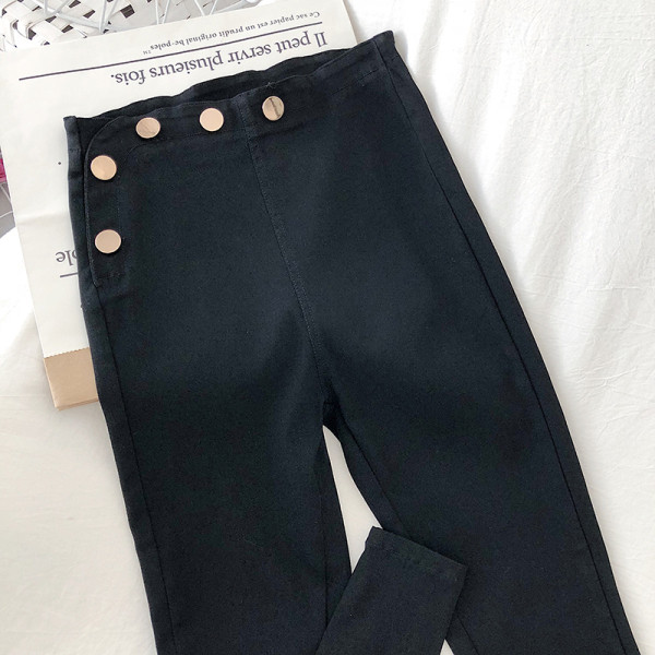 Черен дамски панталон Slim модел с копчета и висока талия