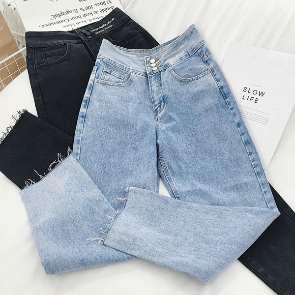 Ежедневни дамски дънки широк модел с копчета и висока талия