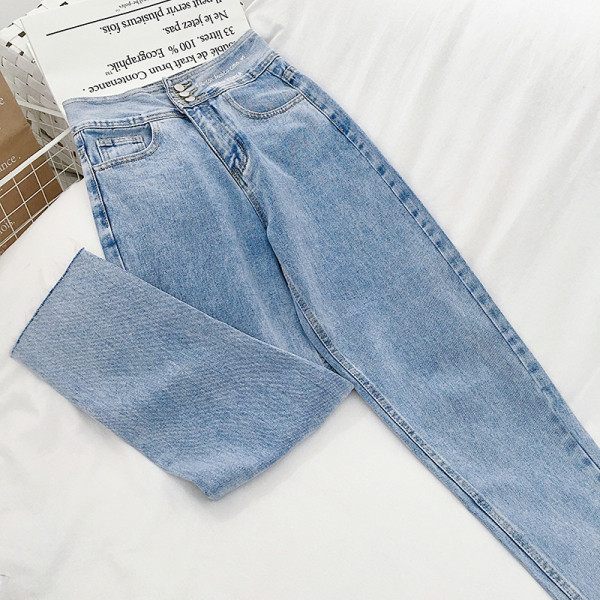 Ежедневни дамски дънки широк модел с копчета и висока талия