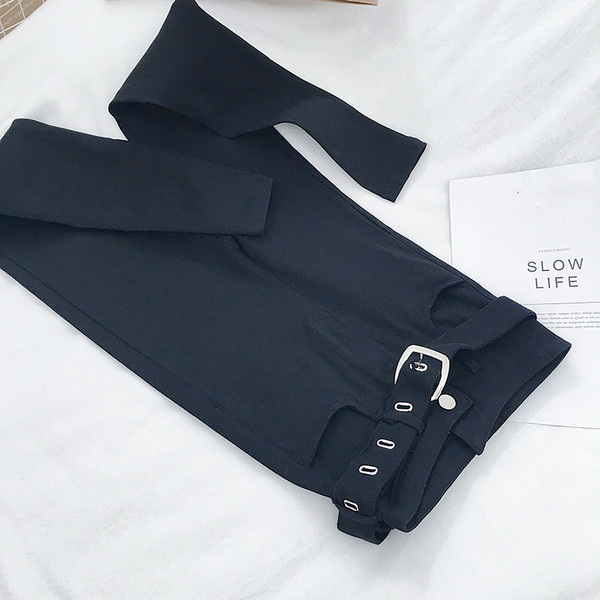 Mustad naiste püksid Õhuke kõrge talje ja vööga mudel