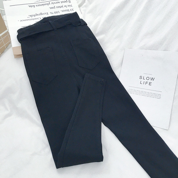 Mustad naiste püksid Õhuke kõrge talje ja vööga mudel