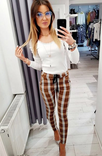 Vabaaja naiste pruunid ruudulised kõrge vöökohaga pikad püksid