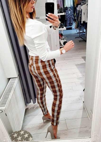 Vabaaja naiste pruunid ruudulised kõrge vöökohaga pikad püksid