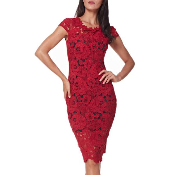 Вечерна дамска дълга рокля с къс ръкав и дантела с размери до 3XL