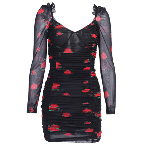 Дамска къса рокля с V-образно деколте и дълъг ръкав в черен цвят с флорален десен