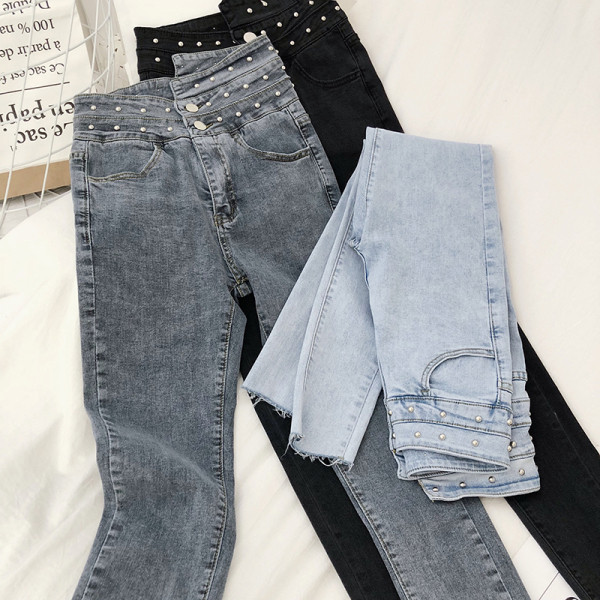 Модерни дамски дънки с висока талия и мъниста