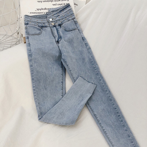 Модерни дамски дънки с висока талия и мъниста