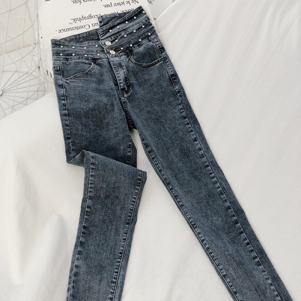 Модерни дамски дънки с висока талия и мъниста