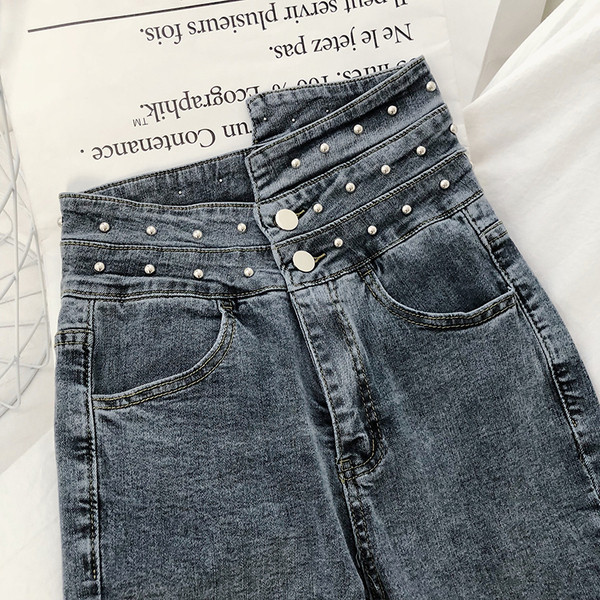 Модерни дамски дънки с висока талия и мъниста