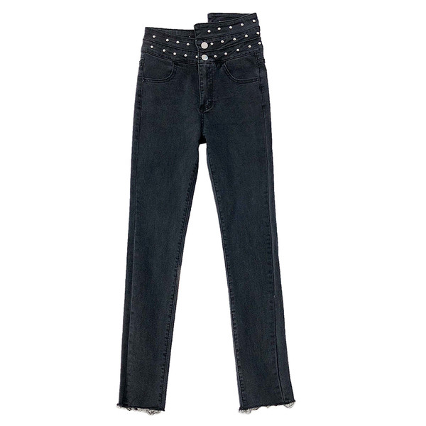 Модерни дамски дънки с висока талия и мъниста