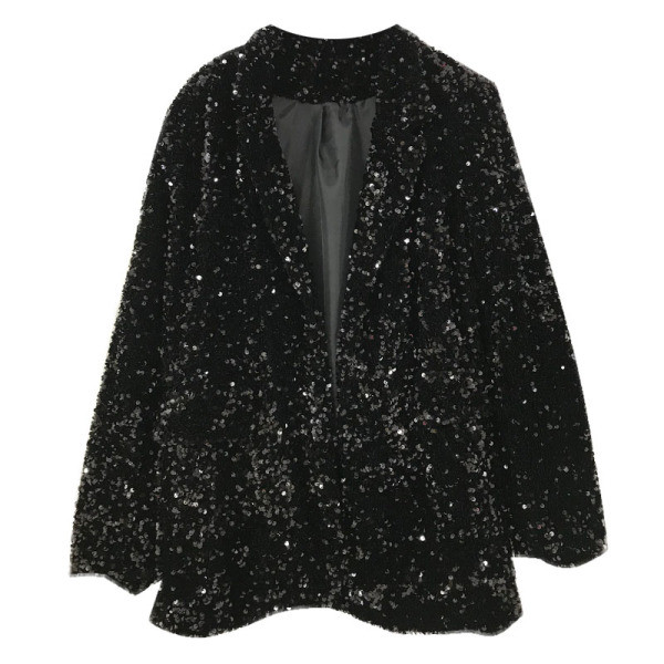 Лъскав дамски блейзър с пайети и средна дължина в черен цвят