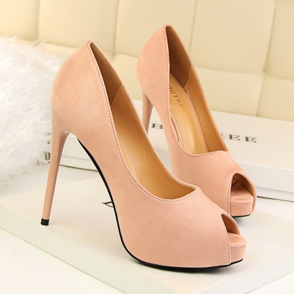 Модерни дамски обувки с отворени пръсти от еко велур и 12 см. ток