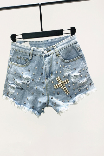 Нов модел къси дамски панталони с пулове и скъсани мотиви