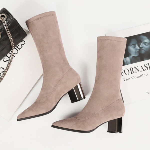 Модерни боти тип чорап от еко велур с нисък дебел 6 см. ток 