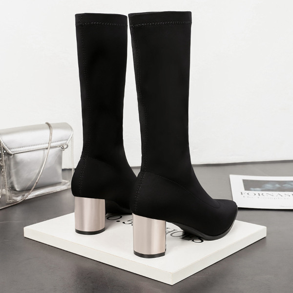 Модерни боти тип чорап от еко велур с нисък дебел 6 см. ток 