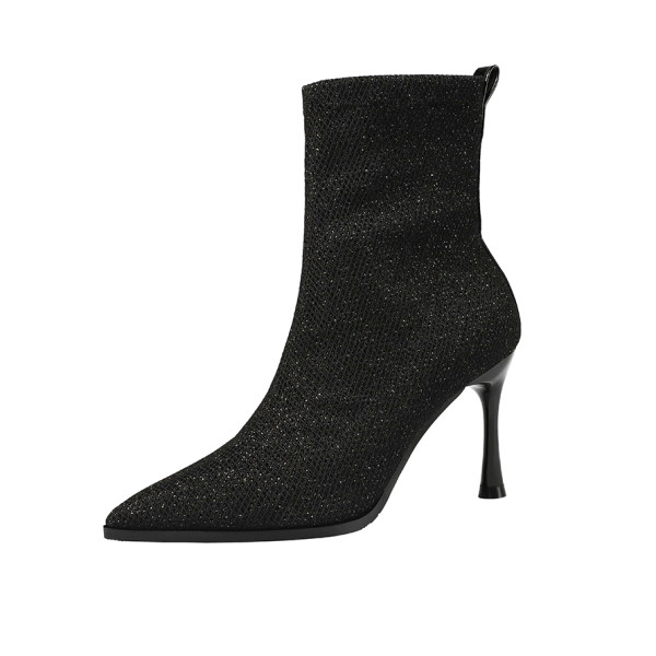 Къси боти тип чорап с висок тънък 10см ток заострен модел