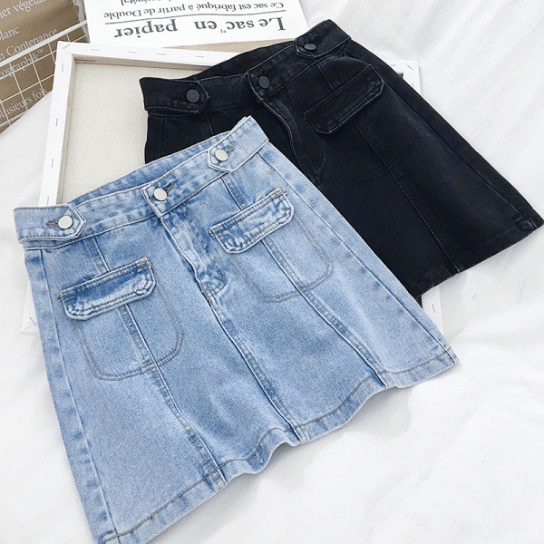 Modern női farmerszoknya, magas derékkal és A-vonallal