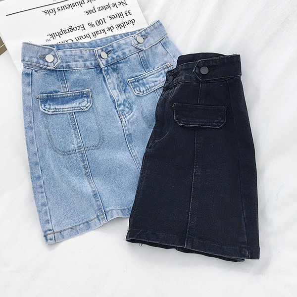 Modern női farmerszoknya, magas derékkal és A-vonallal