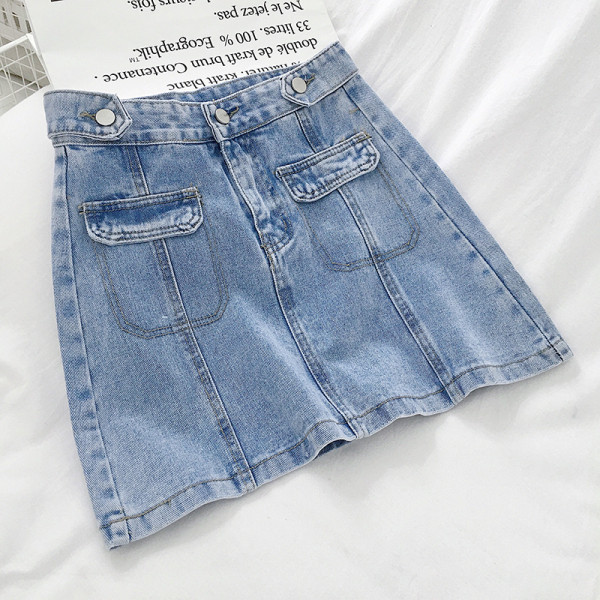 Modern női farmerszoknya, magas derékkal és A-vonallal