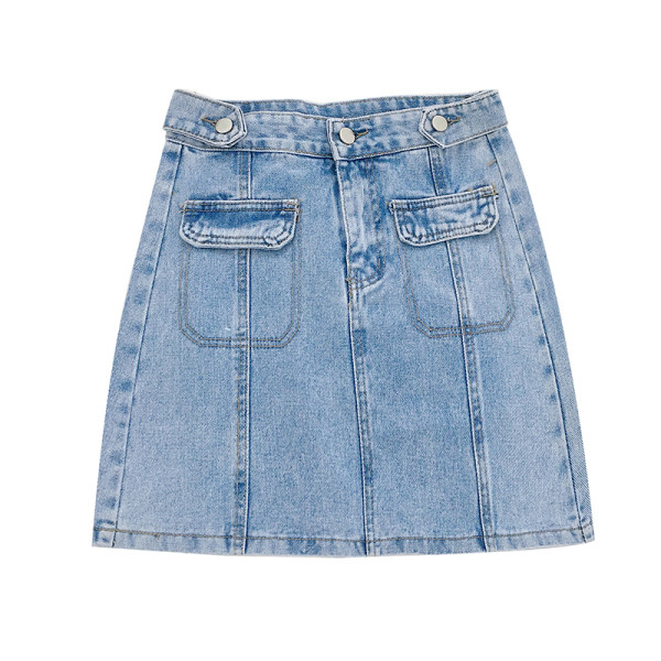 Modern női farmerszoknya, magas derékkal és A-vonallal