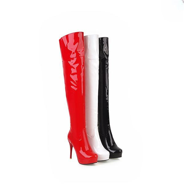Модерни лачени ботуши над коляното с висок ток 11.5 см и платформа 2,5 см